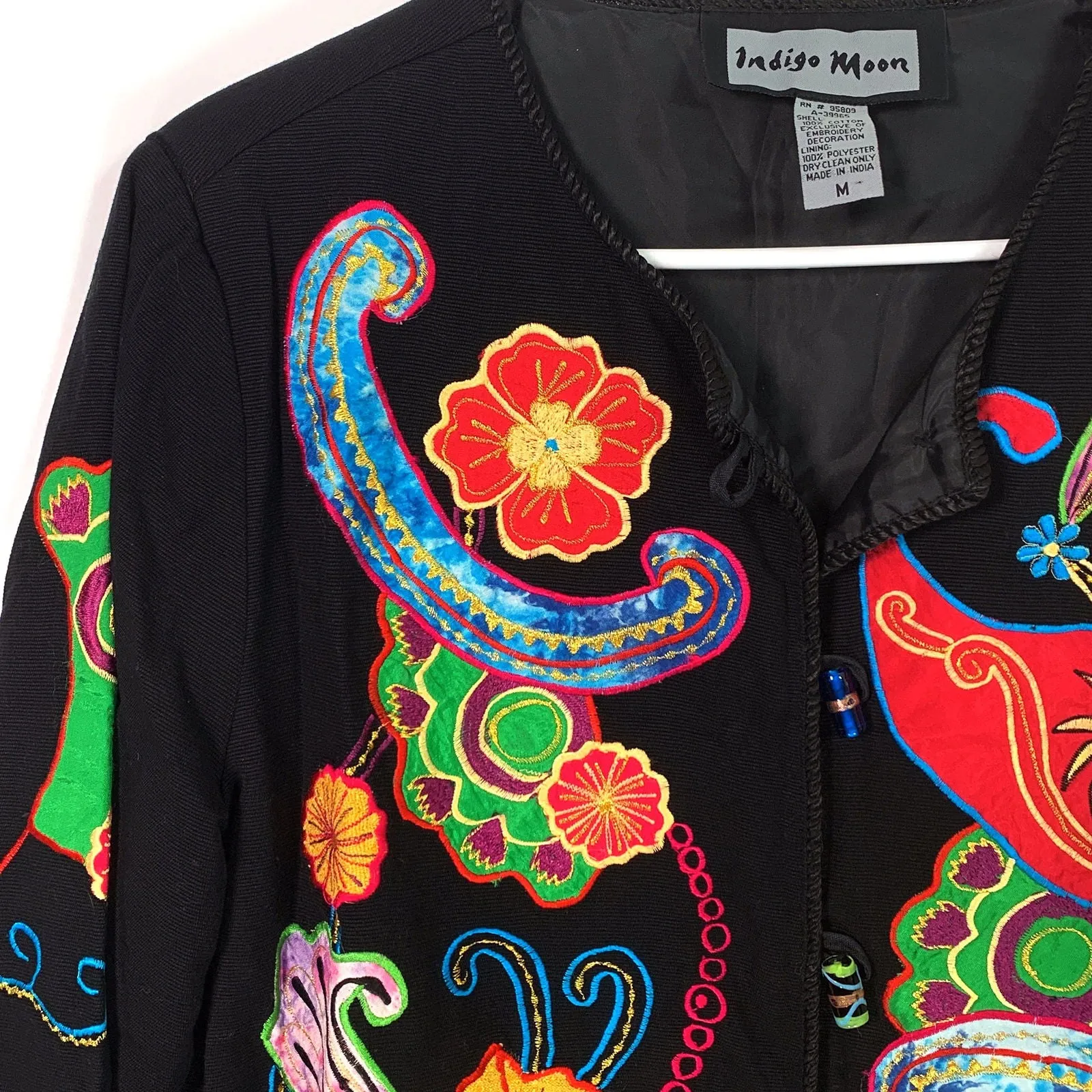 Beautiful Indigo Moon Womens Embroidered & Embellished Button-Up Jacket Size Medium Floral Multicolor