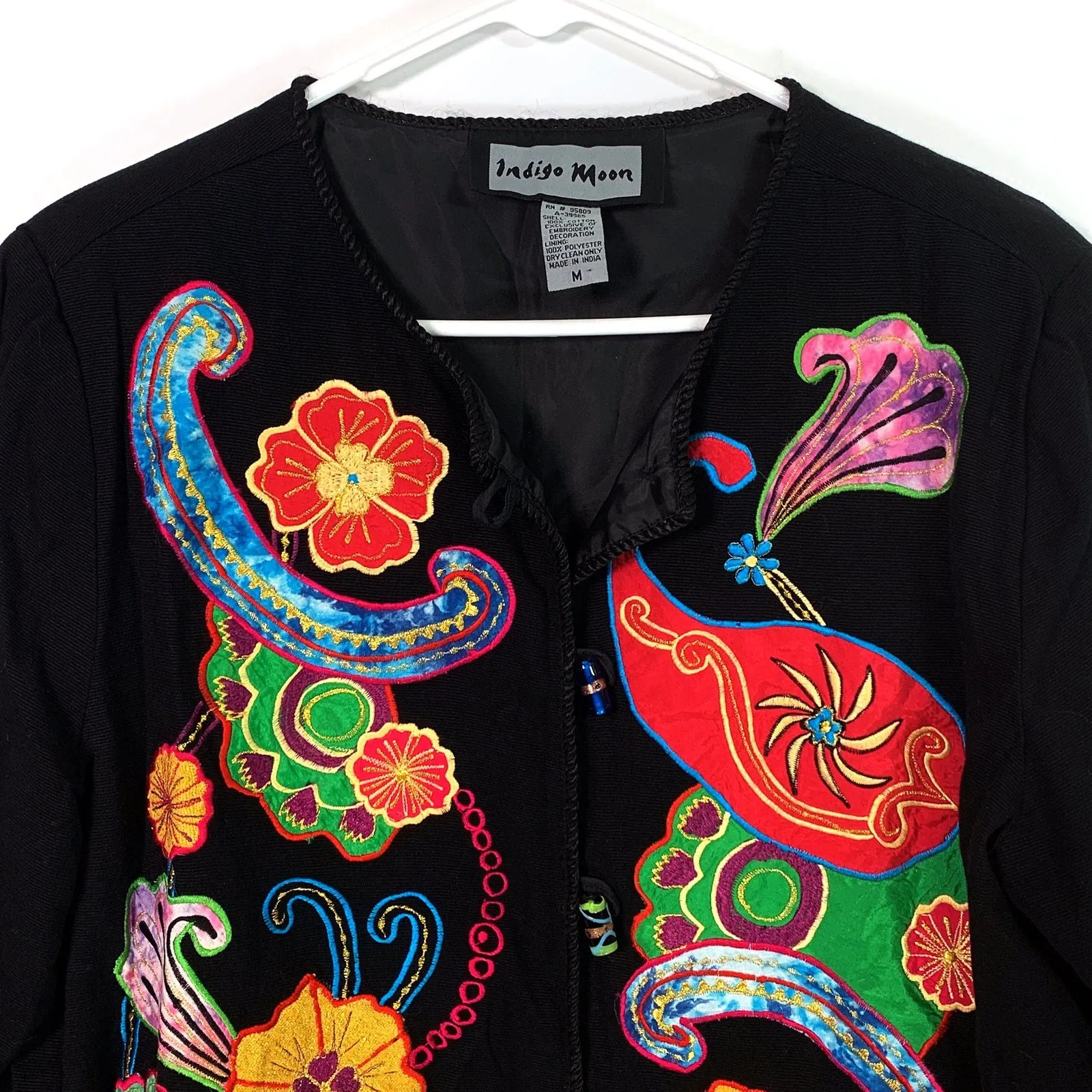 Beautiful Indigo Moon Womens Embroidered & Embellished Button-Up Jacket Size Medium Floral Multicolor