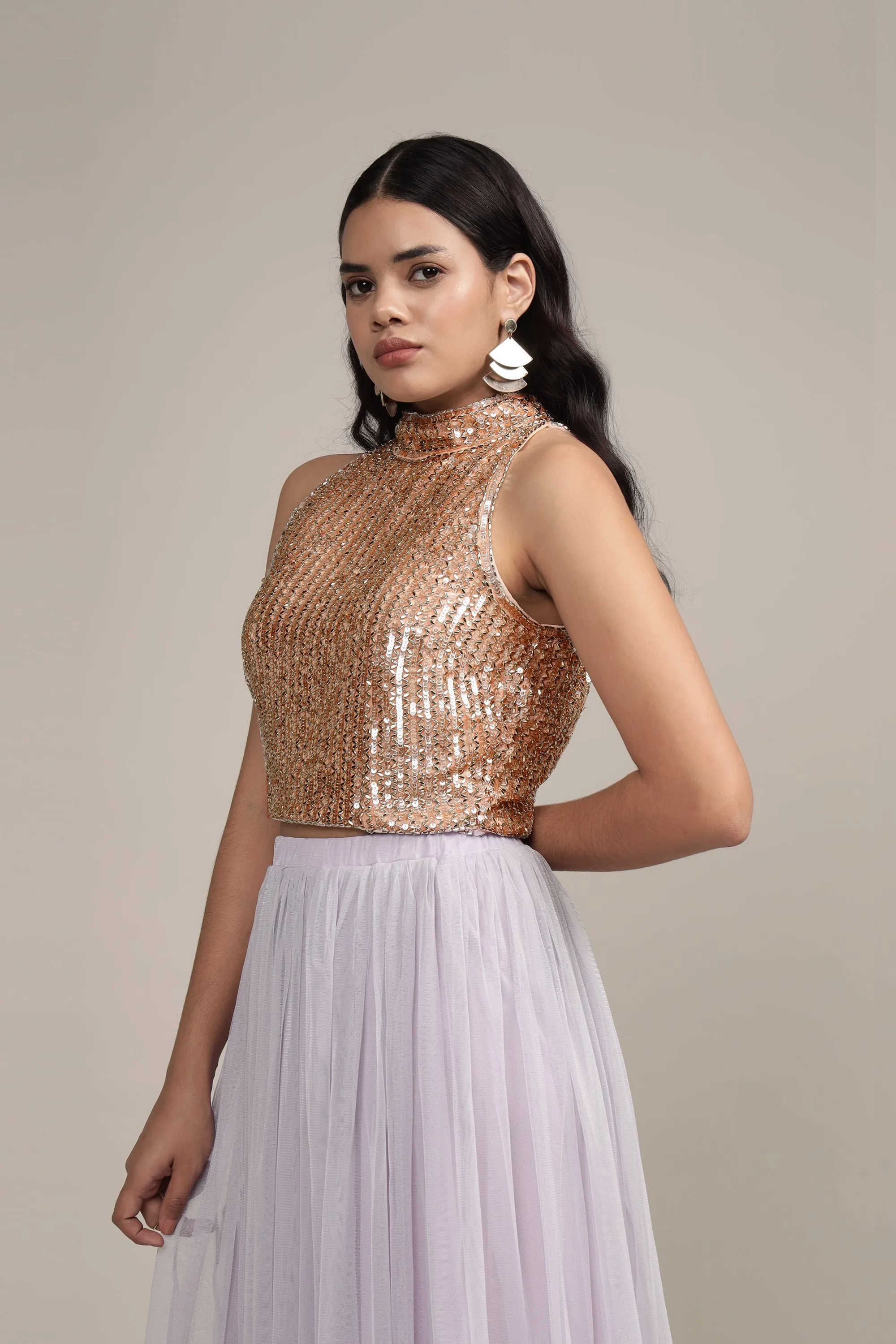 Beetle Embellished High Neck Top in Pink