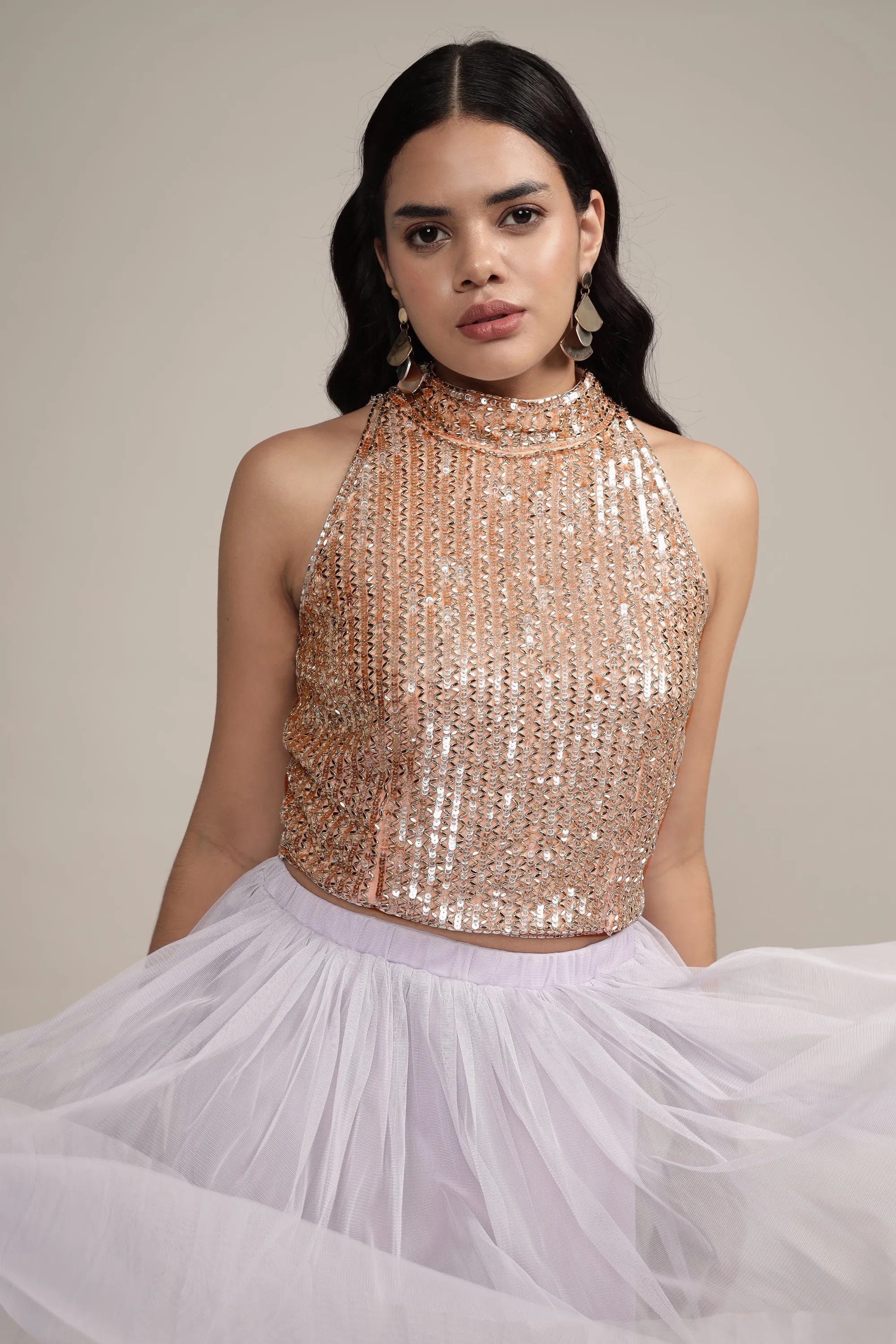 Beetle Embellished High Neck Top in Pink