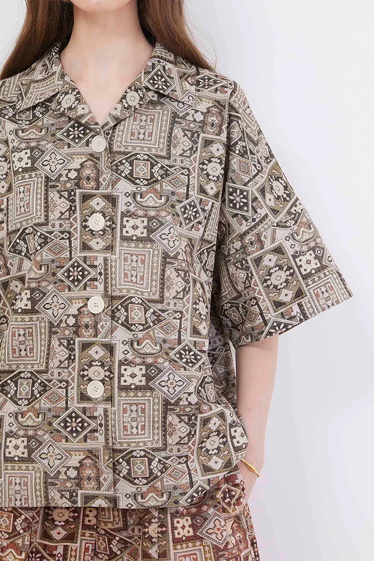 Bohemian vintage rug print button up oversized shirts