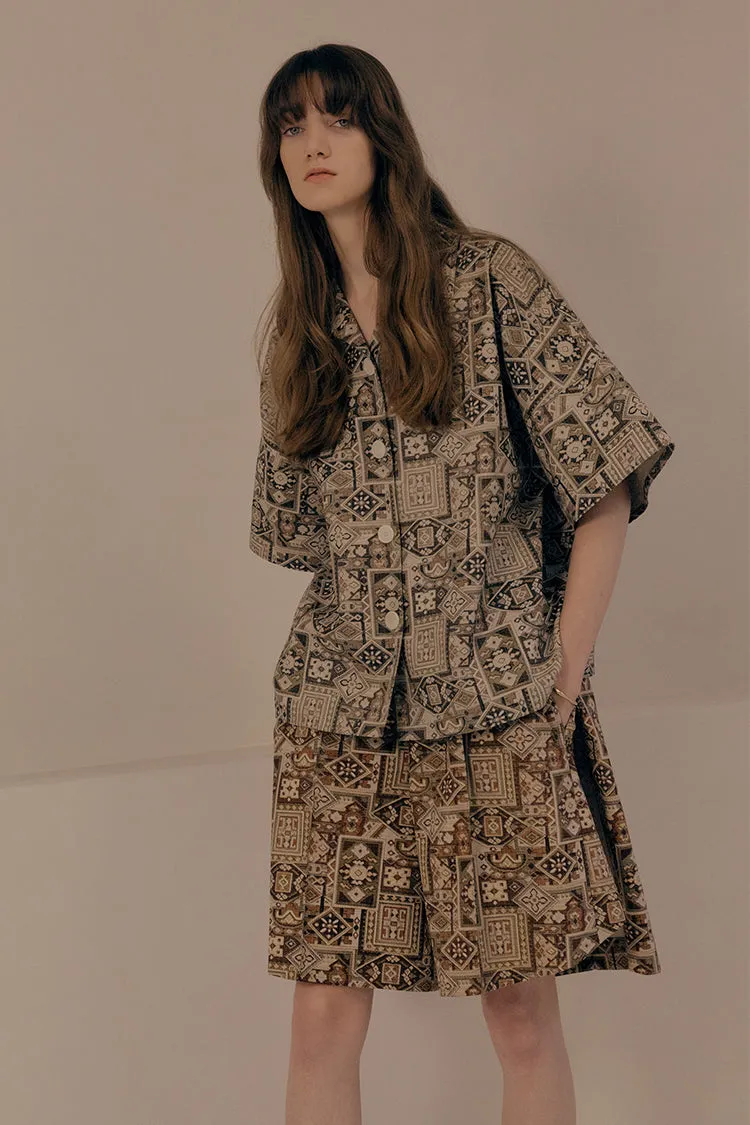 Bohemian vintage rug print button up oversized shirts