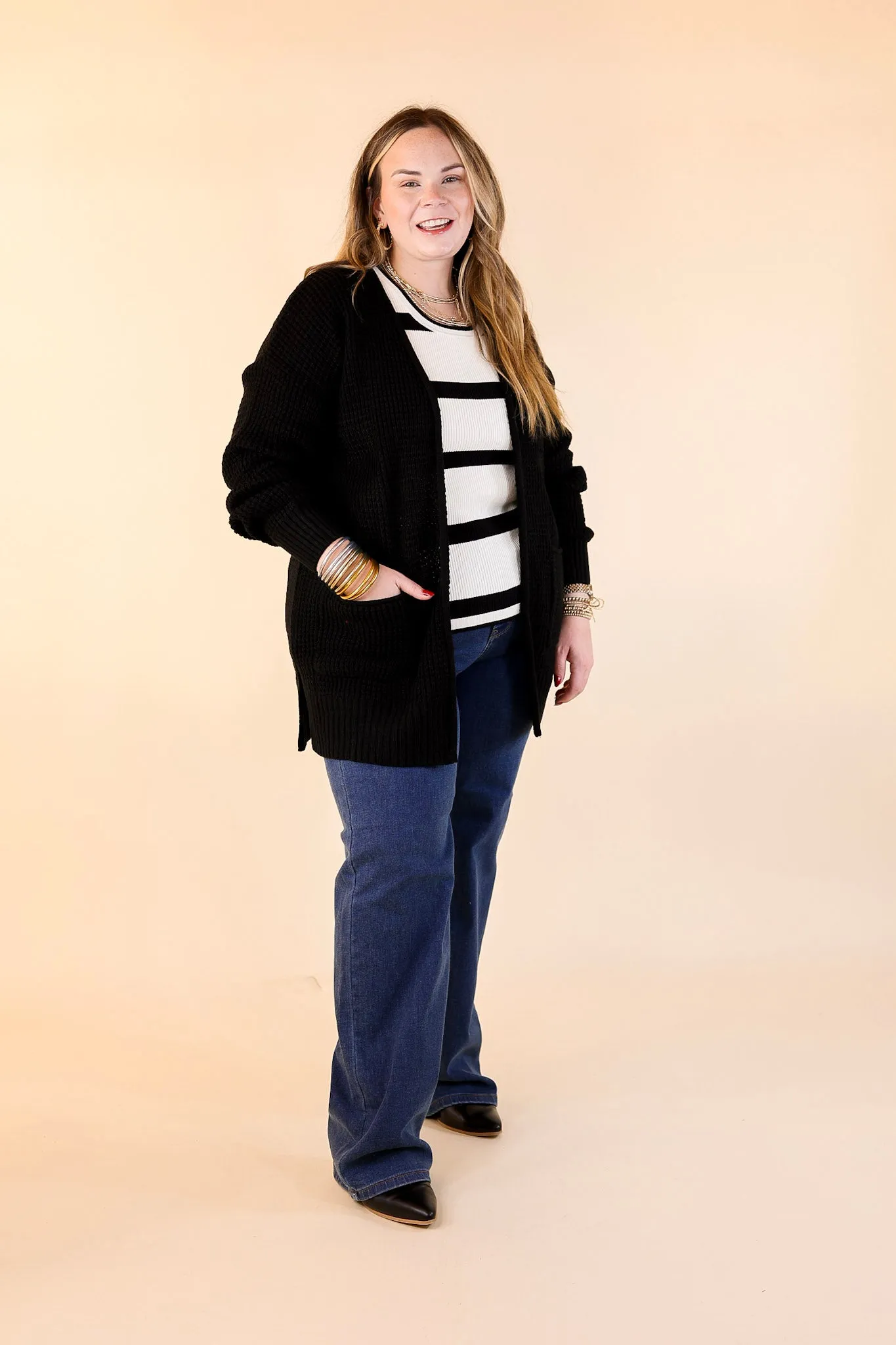 Cozy Layers Waffle Knit Cardigan in Black
