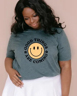 Good Things Are Coming Smiley Face Short Sleeve Graphic Tee | Forest