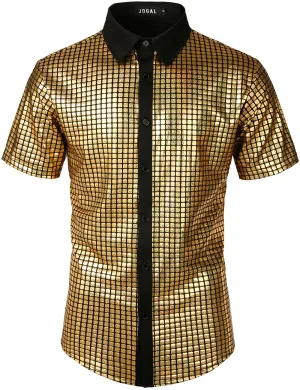JOGAL Men's Dress Shirt Sequins Short Sleeves Button Down Shirts 70s Disco Party Costume