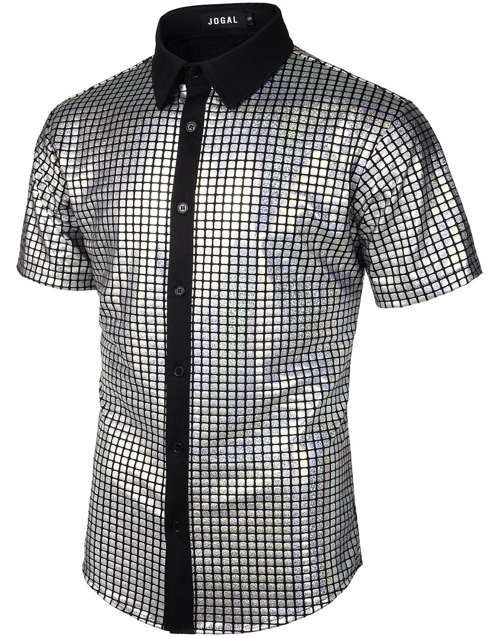 JOGAL Men's Dress Shirt Sequins Short Sleeves Button Down Shirts 70s Disco Party Costume