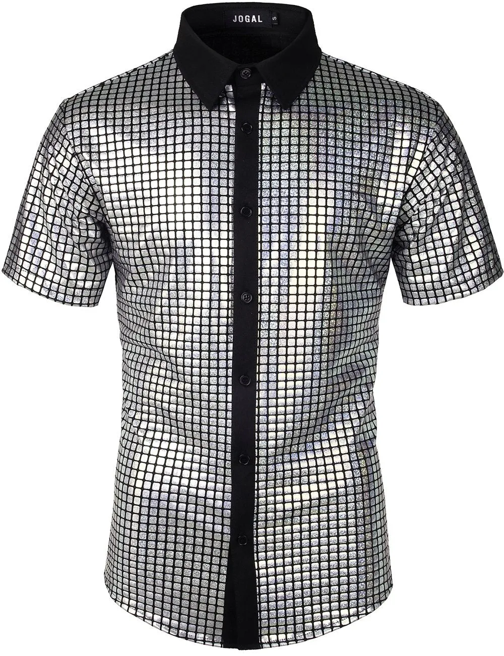 JOGAL Men's Dress Shirt Sequins Short Sleeves Button Down Shirts 70s Disco Party Costume