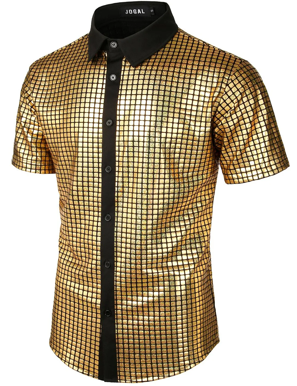 JOGAL Men's Dress Shirt Sequins Short Sleeves Button Down Shirts 70s Disco Party Costume
