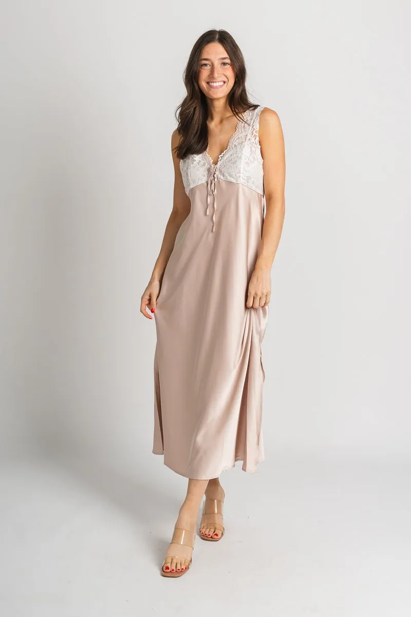 Lace trim midi dress champagne