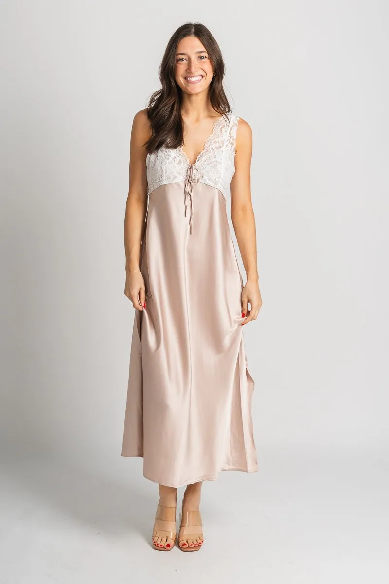 Lace trim midi dress champagne