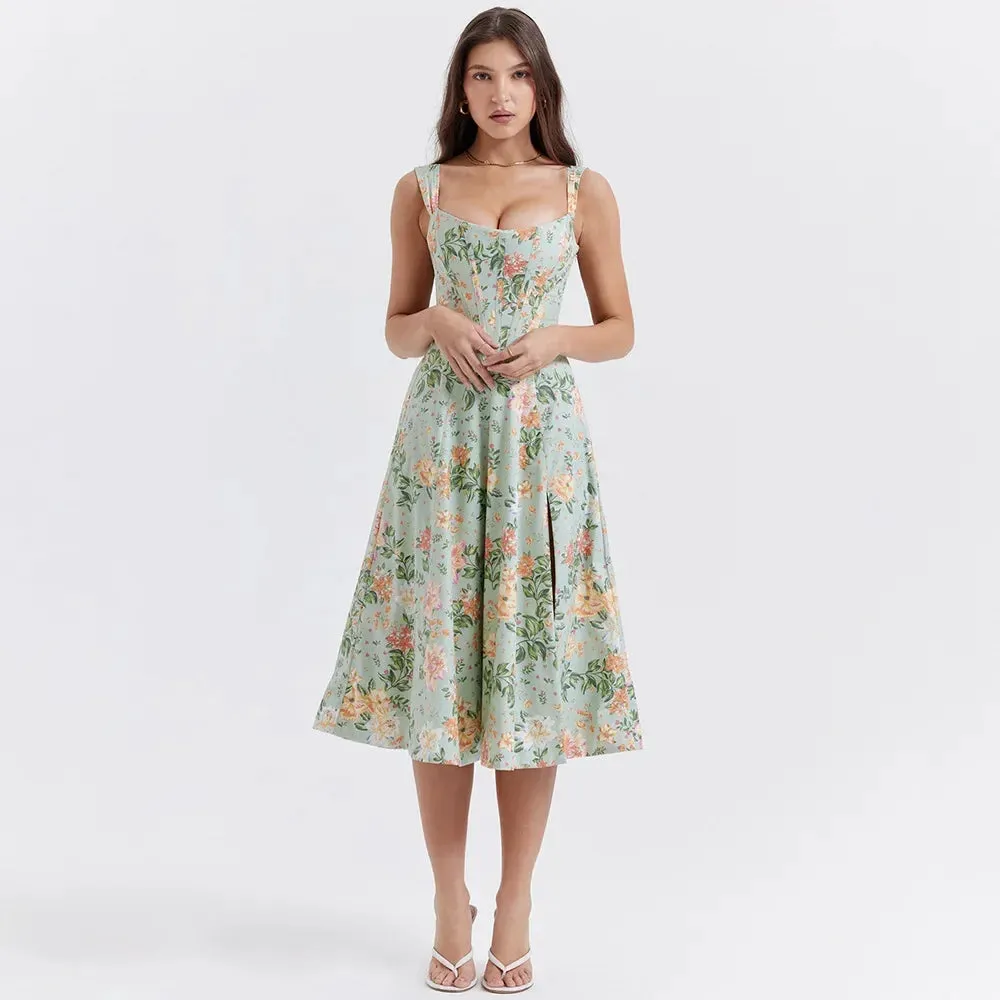 Lady Glams Summer Dress Woman 2024 Trendy Green Long Lace Up Beach Dress Elegant Split Midi Corset Dress Women Clothing
