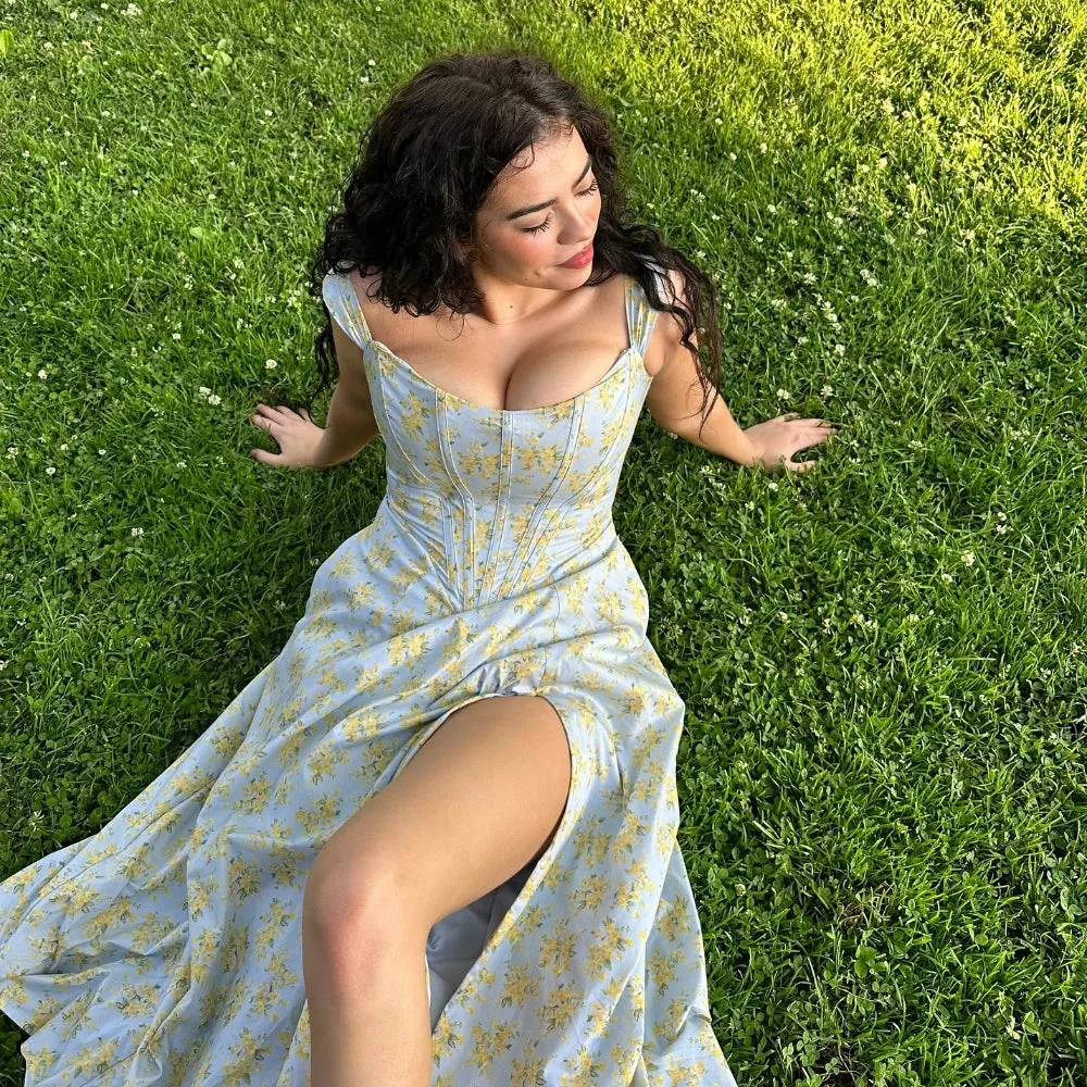 Lady Glams Summer Dress Woman 2024 Trendy Green Long Lace Up Beach Dress Elegant Split Midi Corset Dress Women Clothing