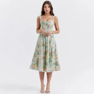 Lady Glams Summer Dress Woman 2024 Trendy Green Long Lace Up Beach Dress Elegant Split Midi Corset Dress Women Clothing