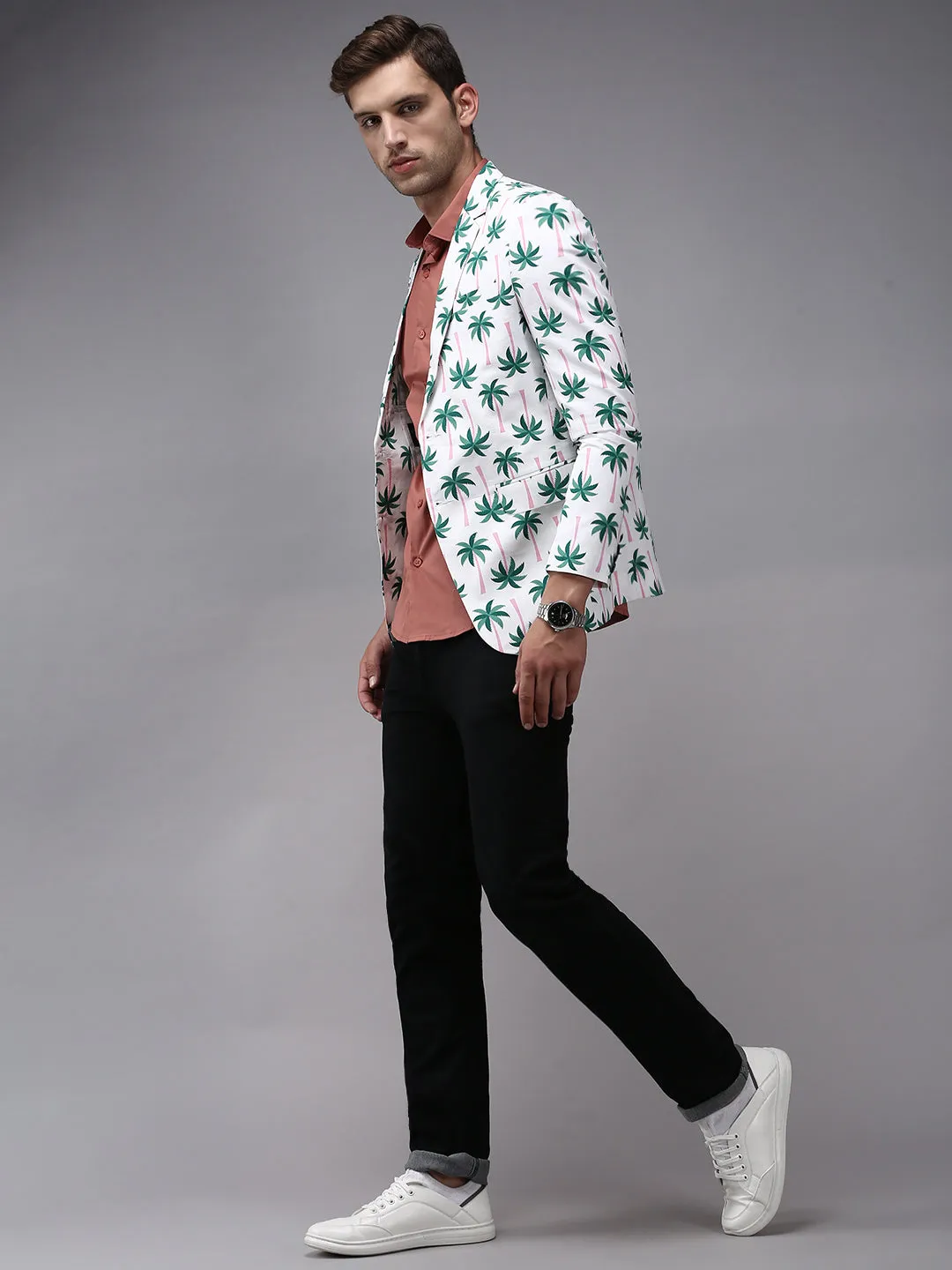 Men White Printed Single Breasted Blazers