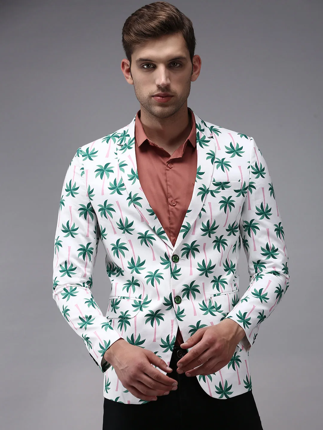 Men White Printed Single Breasted Blazers
