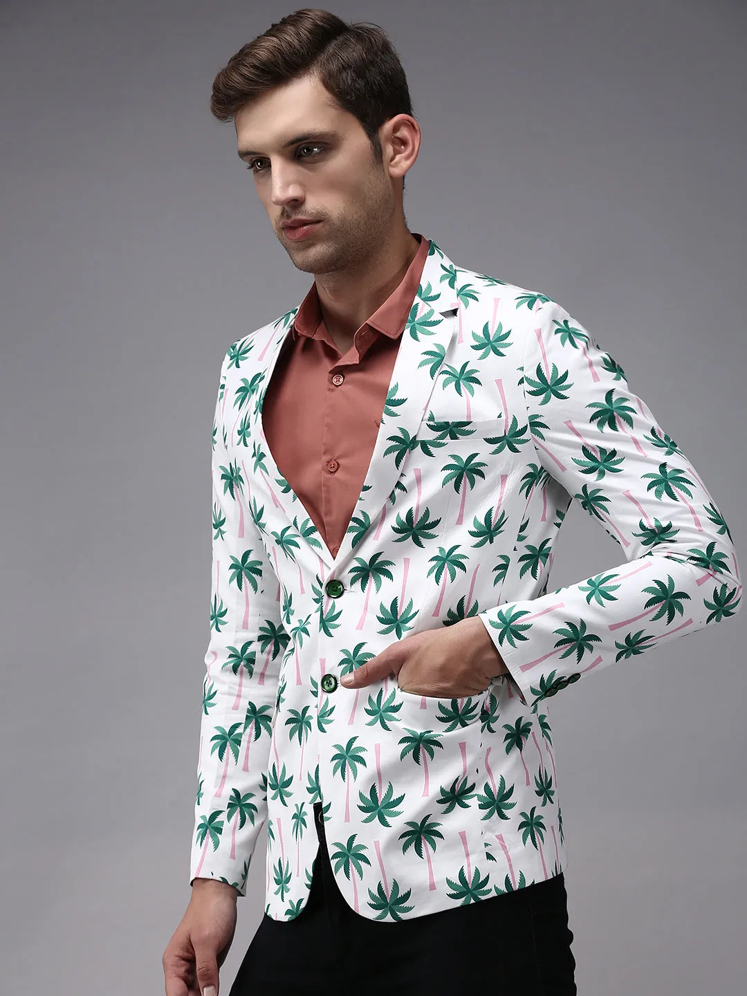 Men White Printed Single Breasted Blazers