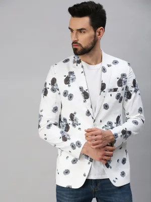 Men White Printed Single Breasted Party Blazer