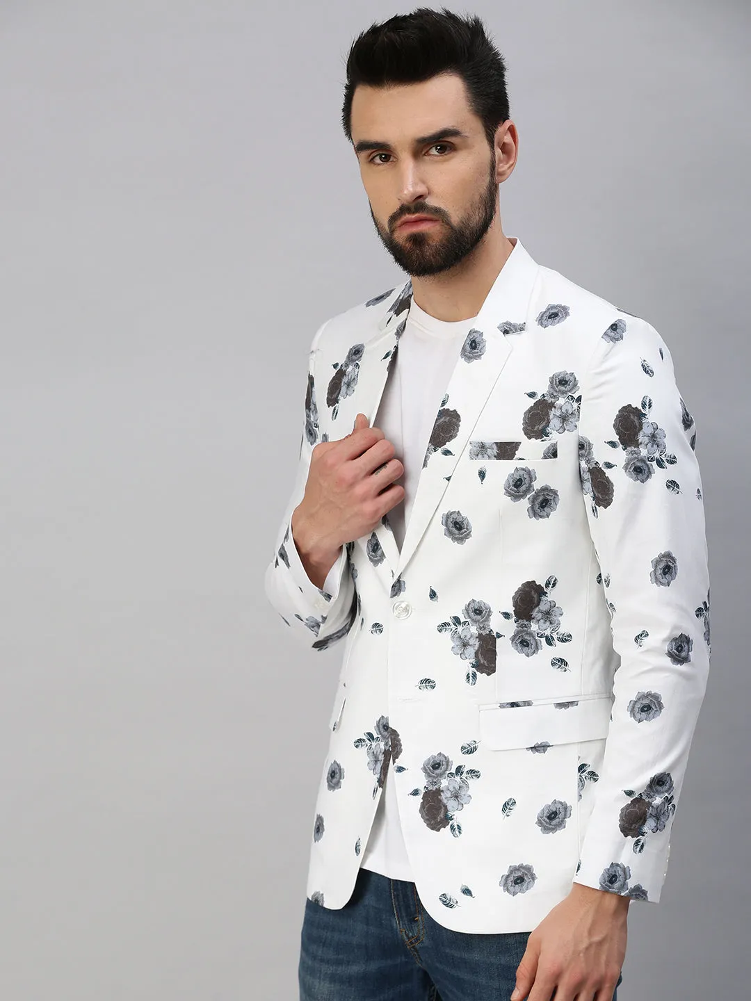 Men White Printed Single Breasted Party Blazer