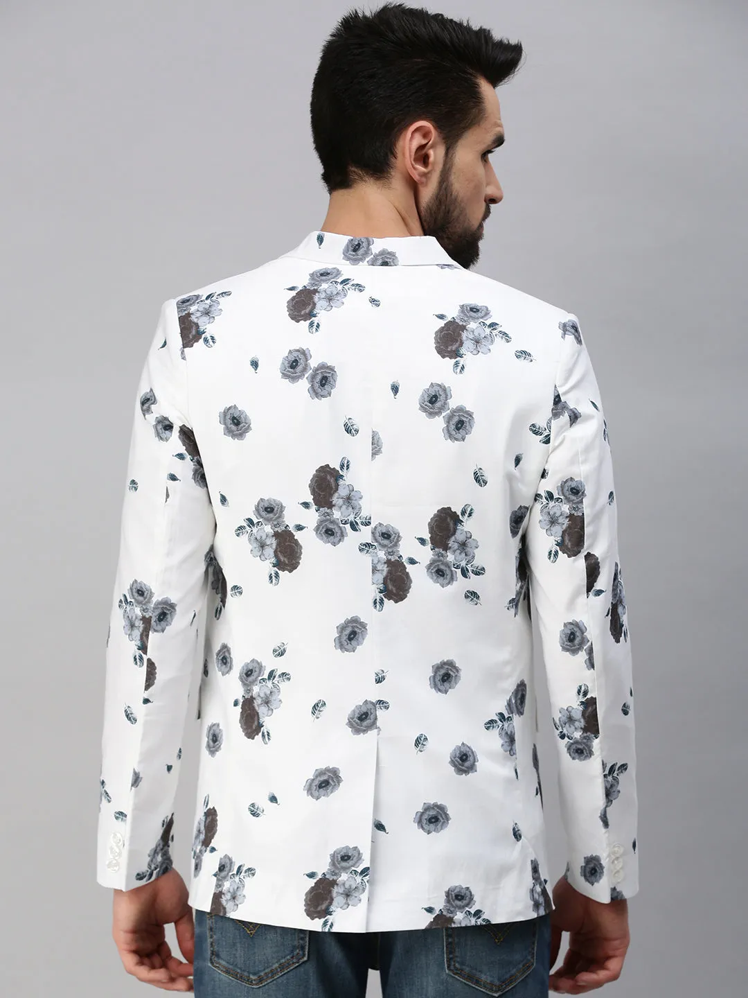 Men White Printed Single Breasted Party Blazer