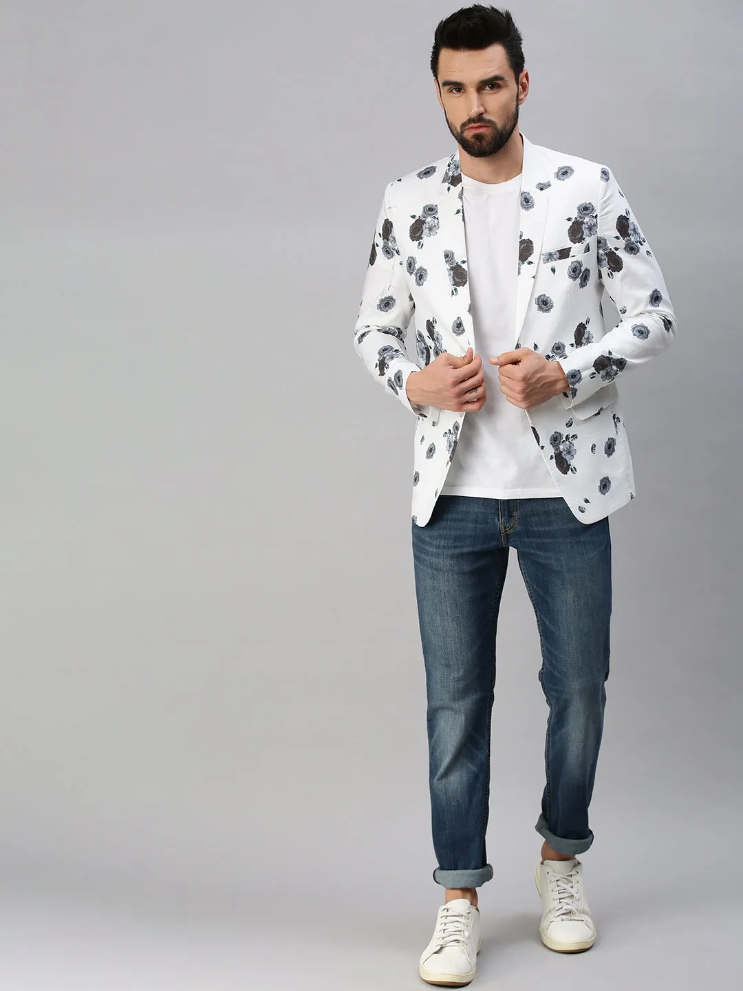 Men White Printed Single Breasted Party Blazer