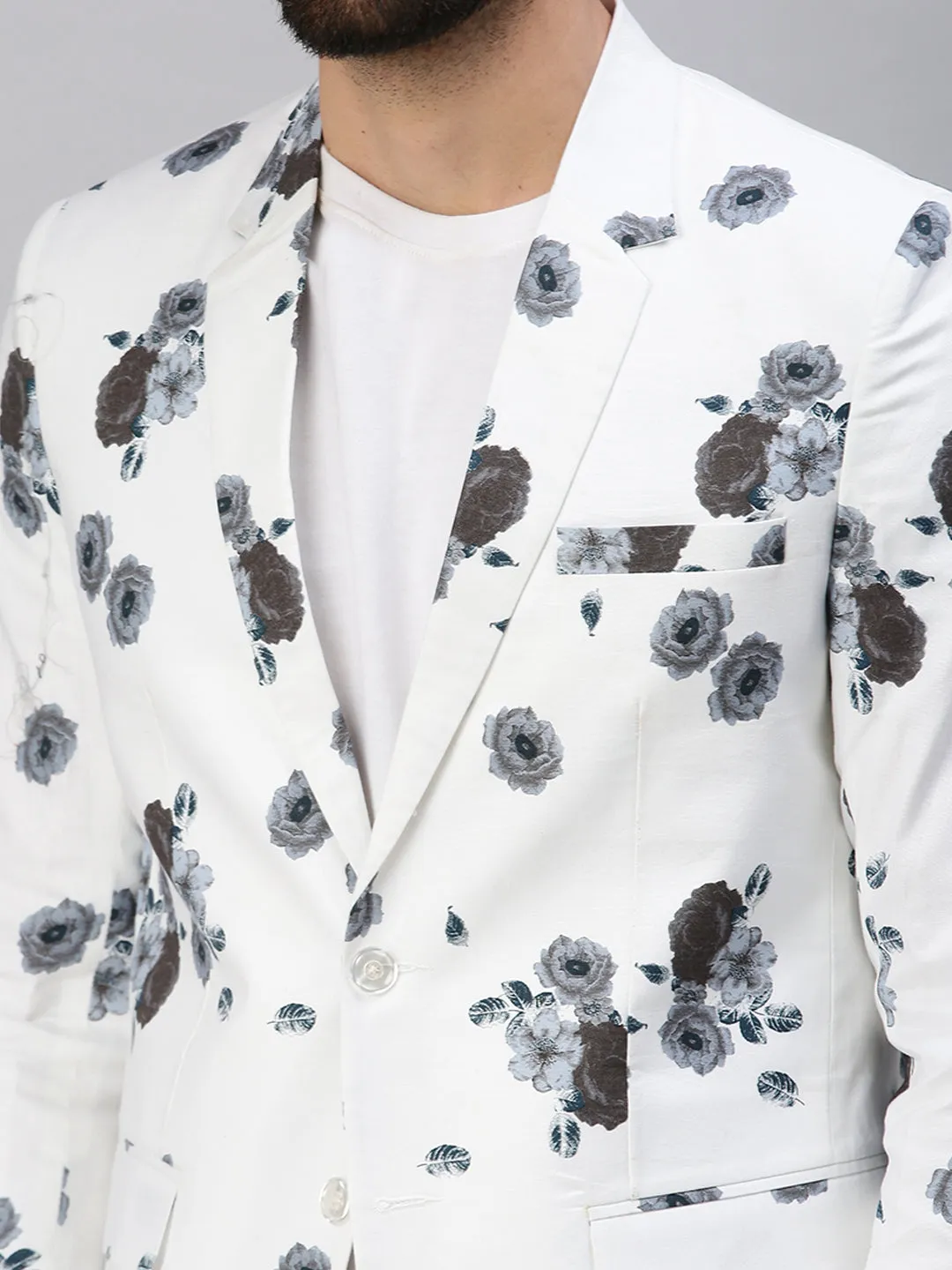 Men White Printed Single Breasted Party Blazer
