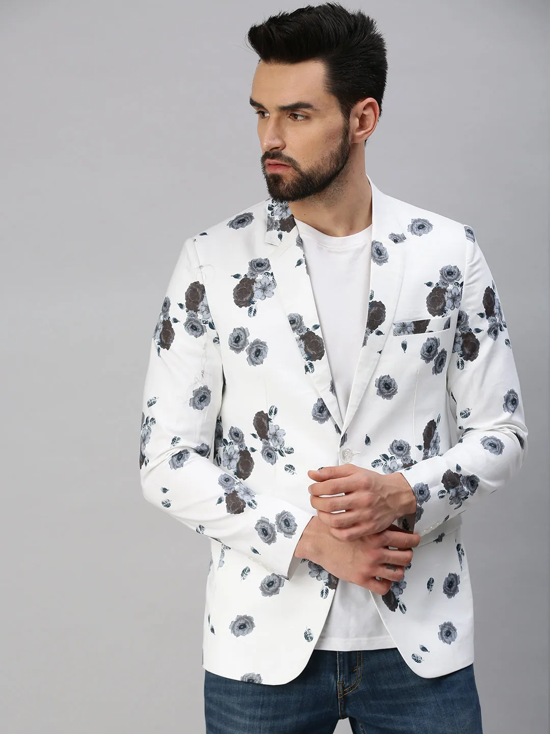 Men White Printed Single Breasted Party Blazer