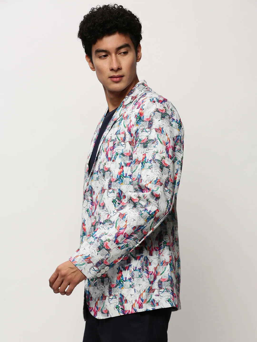 Men White Tropical Printed Slim-Fit Single Breasted Cotton Blazer
