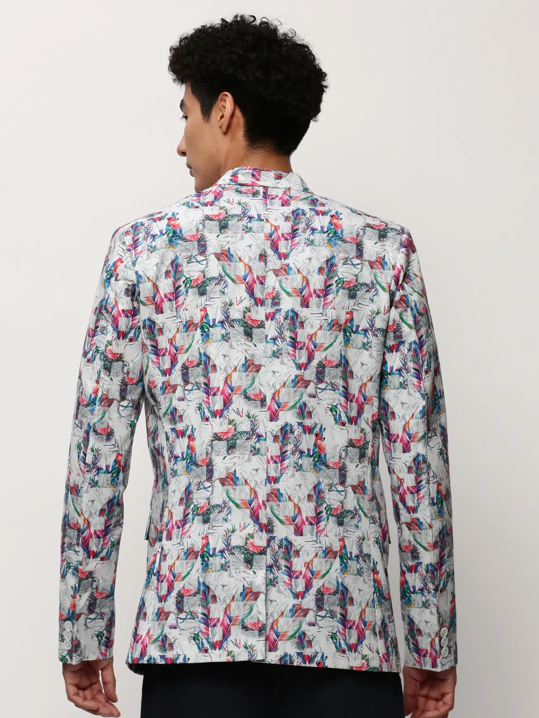 Men White Tropical Printed Slim-Fit Single Breasted Cotton Blazer