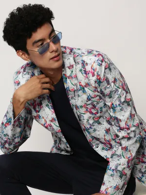 Men White Tropical Printed Slim-Fit Single Breasted Cotton Blazer