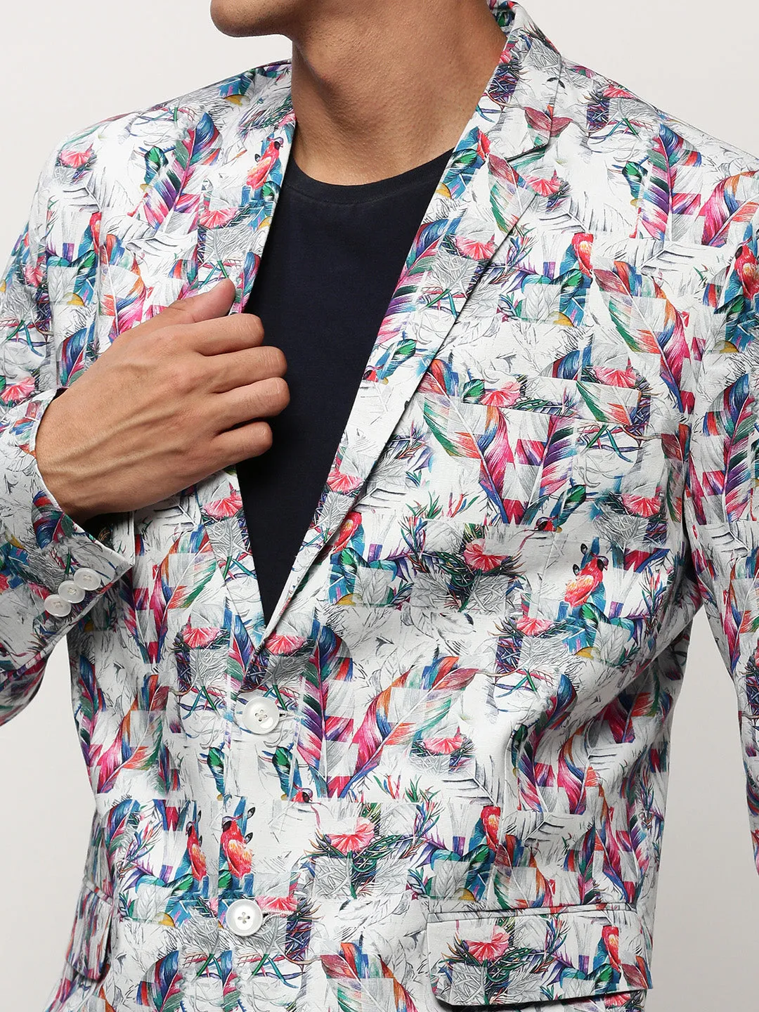 Men White Tropical Printed Slim-Fit Single Breasted Cotton Blazer