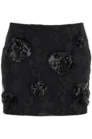 mini skirt in recycled black polyester mesh with floral pattern 113587100 BLACK