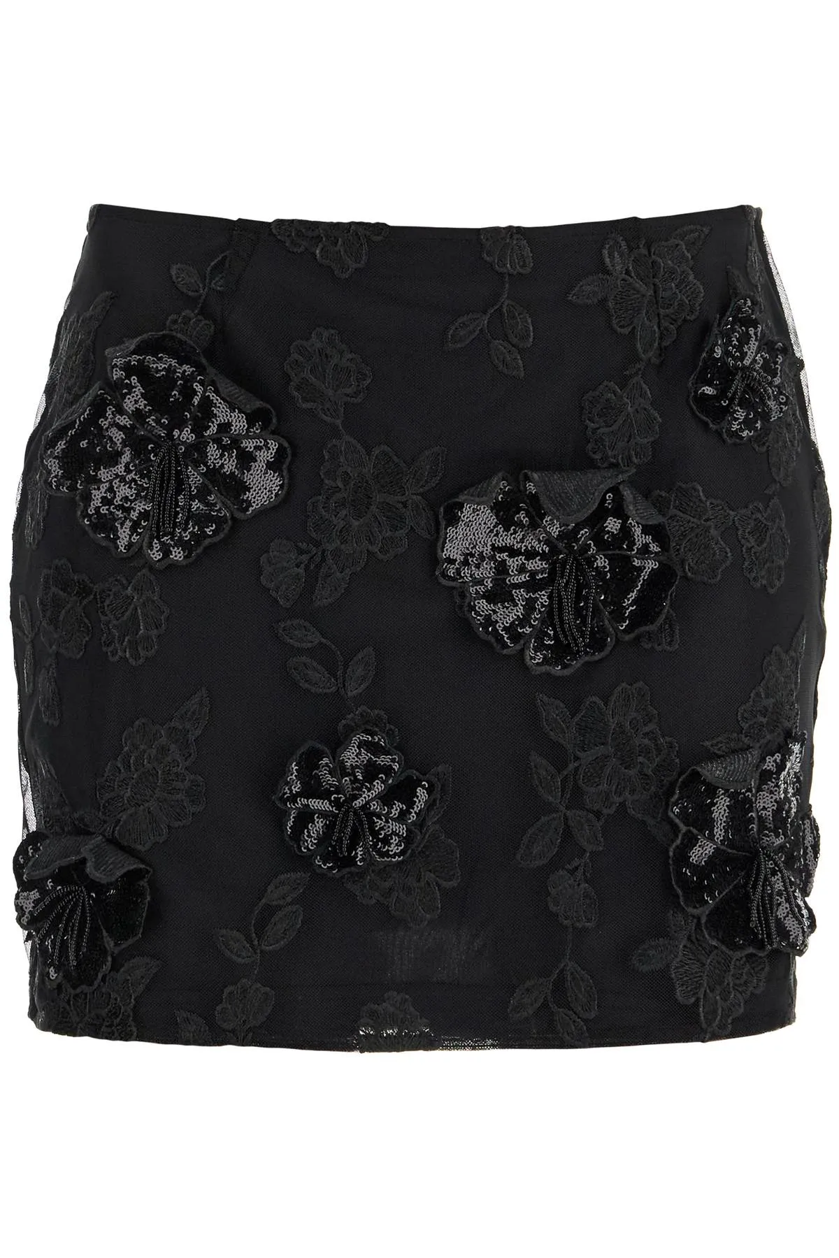 mini skirt in recycled black polyester mesh with floral pattern 113587100 BLACK