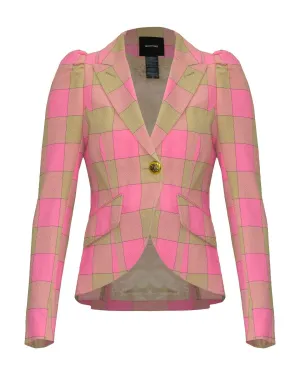 Pouf Sleeve One Button Blazer Pink Check