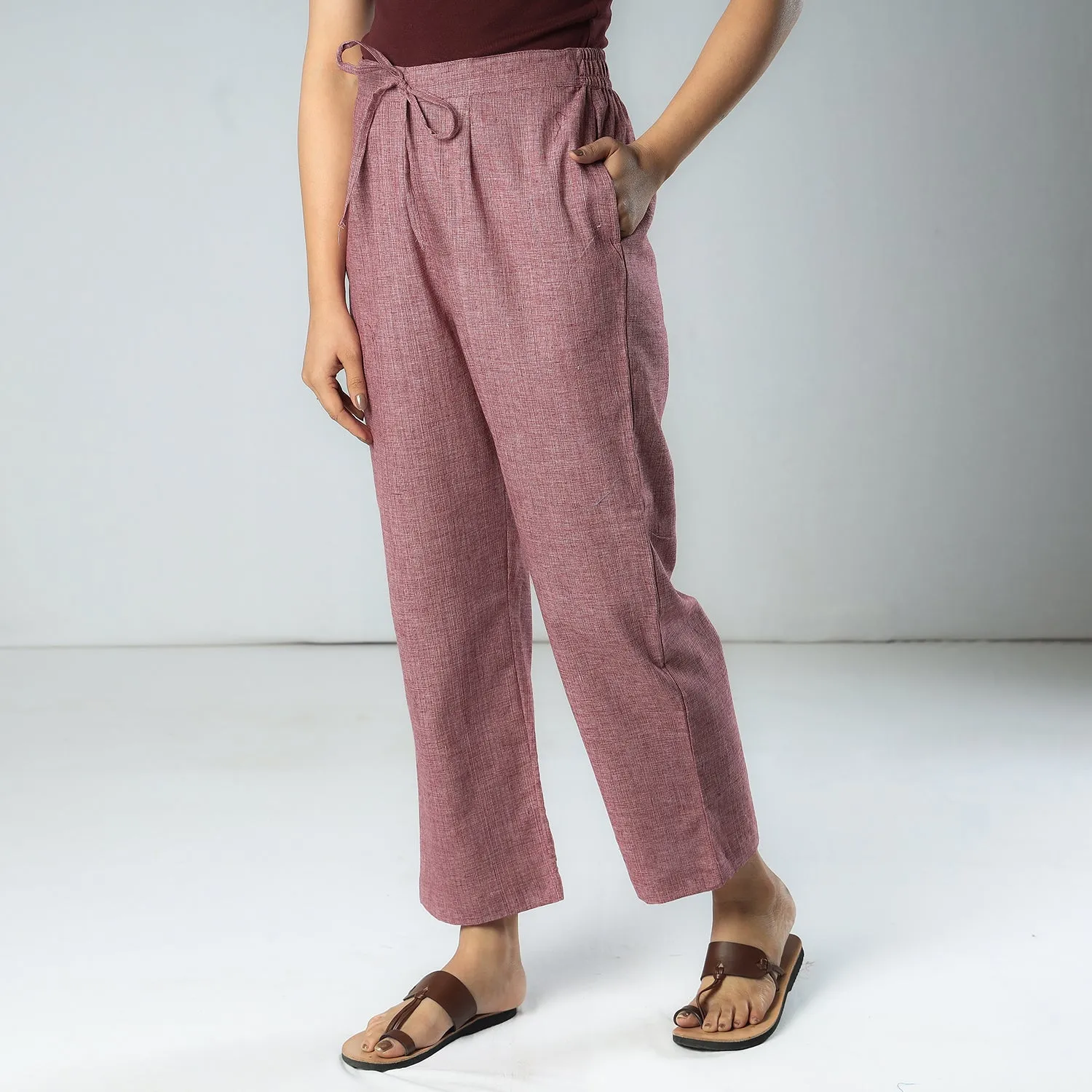 Purple - White & Red Texture Plain Dyed Cotton Relaxed Fit Pant