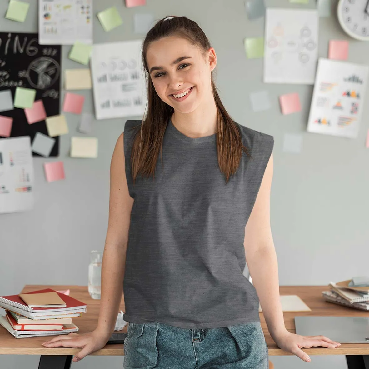 Sleeveless T shirt - Charcoal Melange
