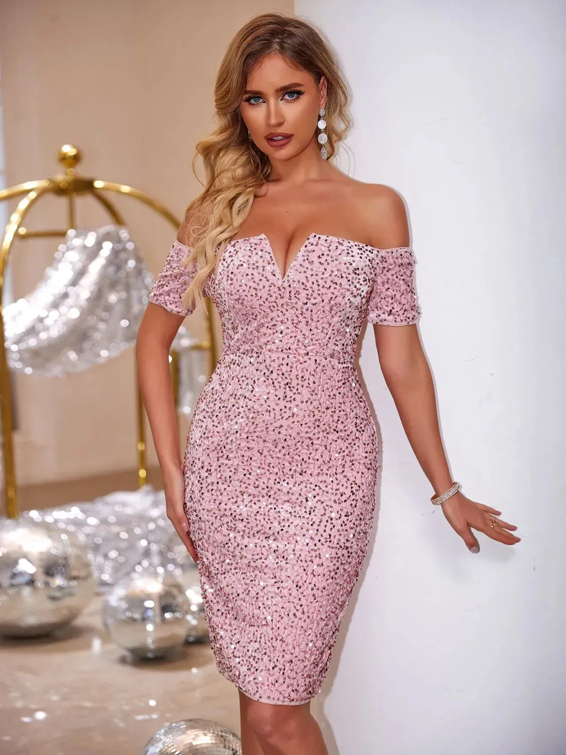 Slit Sequin Off-Shoulder Mini Dress