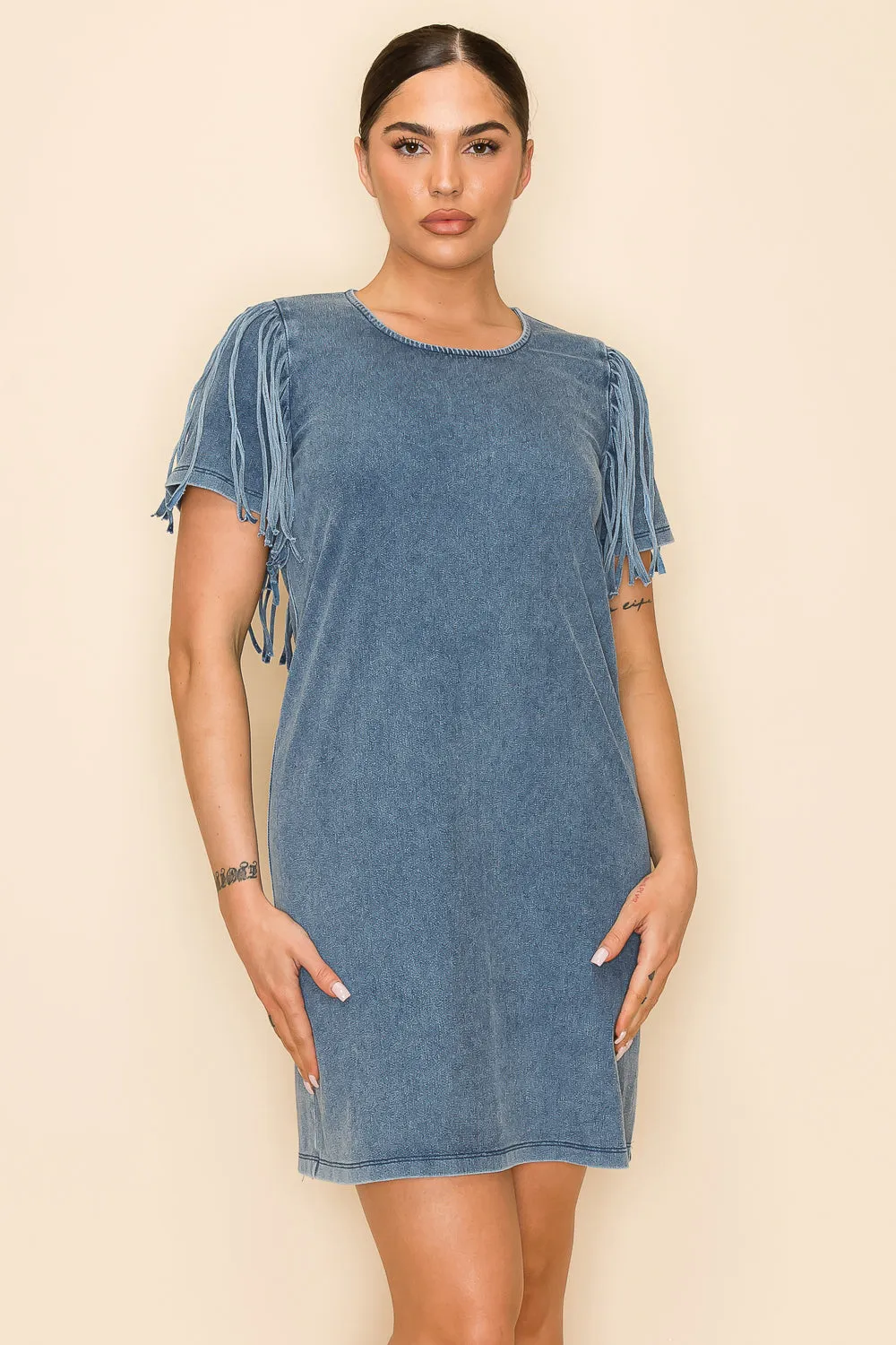 W.A.Y Wonderful And Young Light Denim Sheath Dress With Denim Fringe