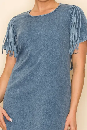 W.A.Y Wonderful And Young Light Denim Sheath Dress With Denim Fringe