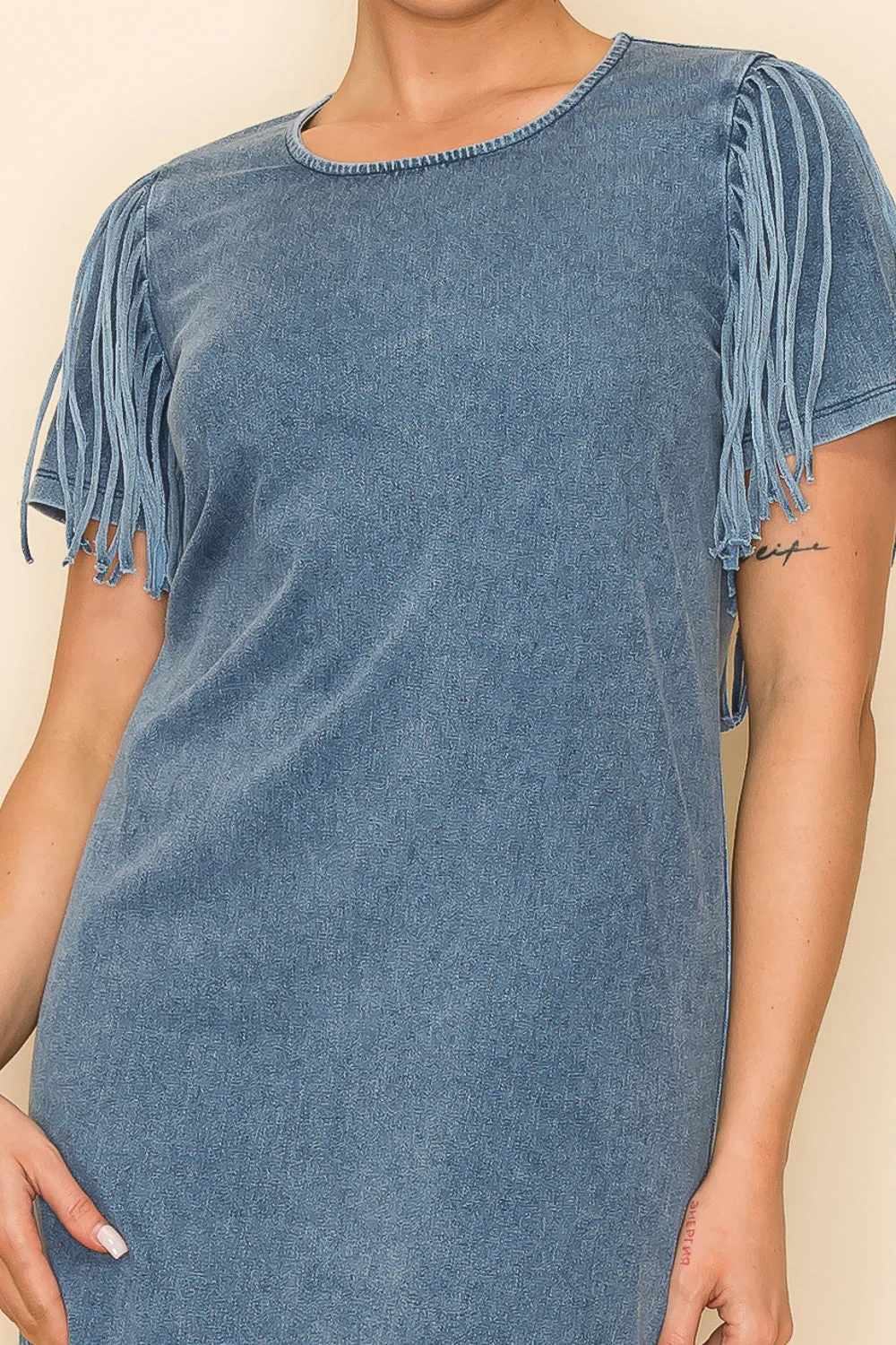 W.A.Y Wonderful And Young Light Denim Sheath Dress With Denim Fringe