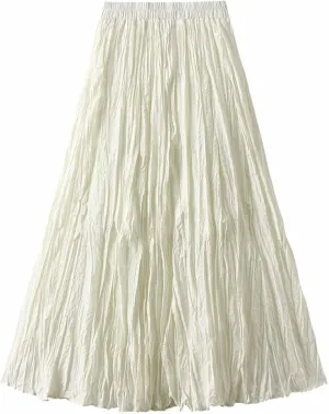 Womens Chic Elastic High Waisted A Line Pleated Shirring Maxi Long Skirt Elegant Vintage Evening Party Summer Skirts