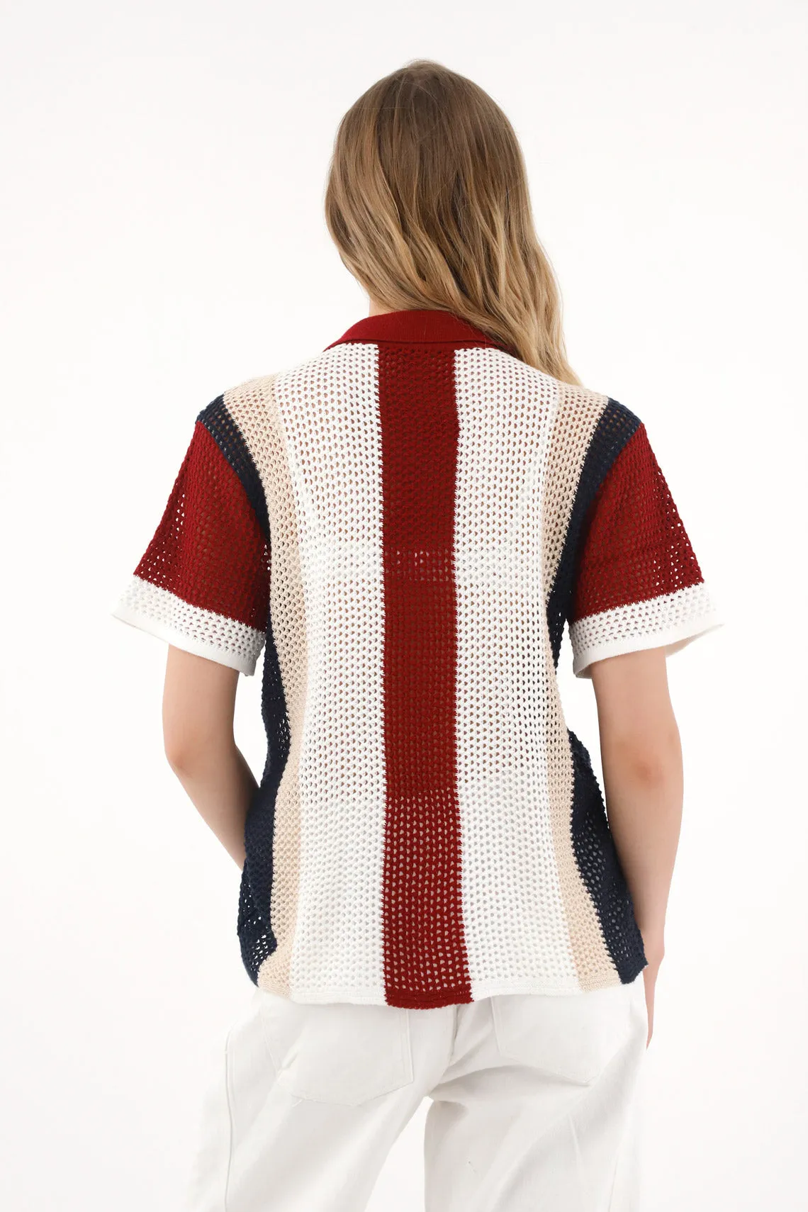 Women's cream knit shirt with striped design