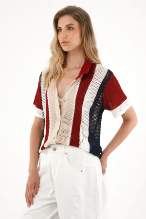 Women's cream knit shirt with striped design