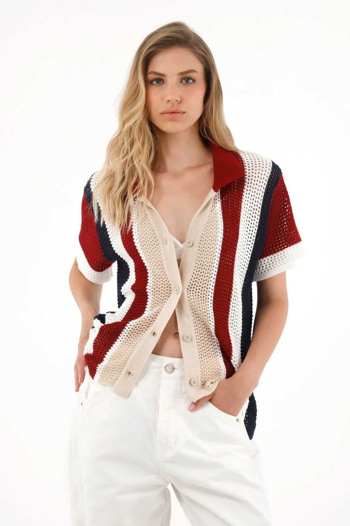 Women's cream knit shirt with striped design